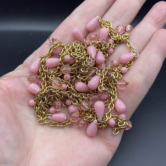 Pink 60" Necklace Barbiecore Teardrop Round Clear Dangles Gold Tone Cable Chain - Picture 4 of 5